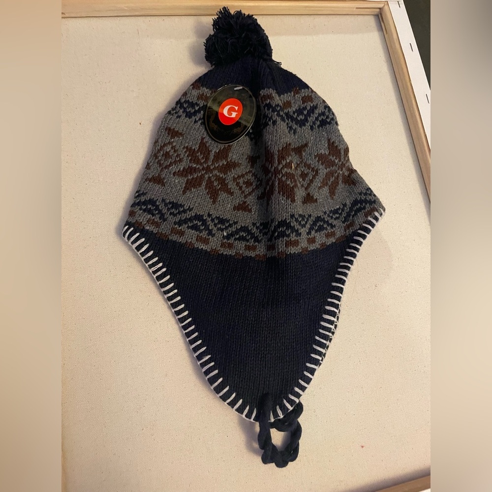 Navy and Gray Knit Earflap Hat  Snowflake Fleece Lined Winter Trapper Hat